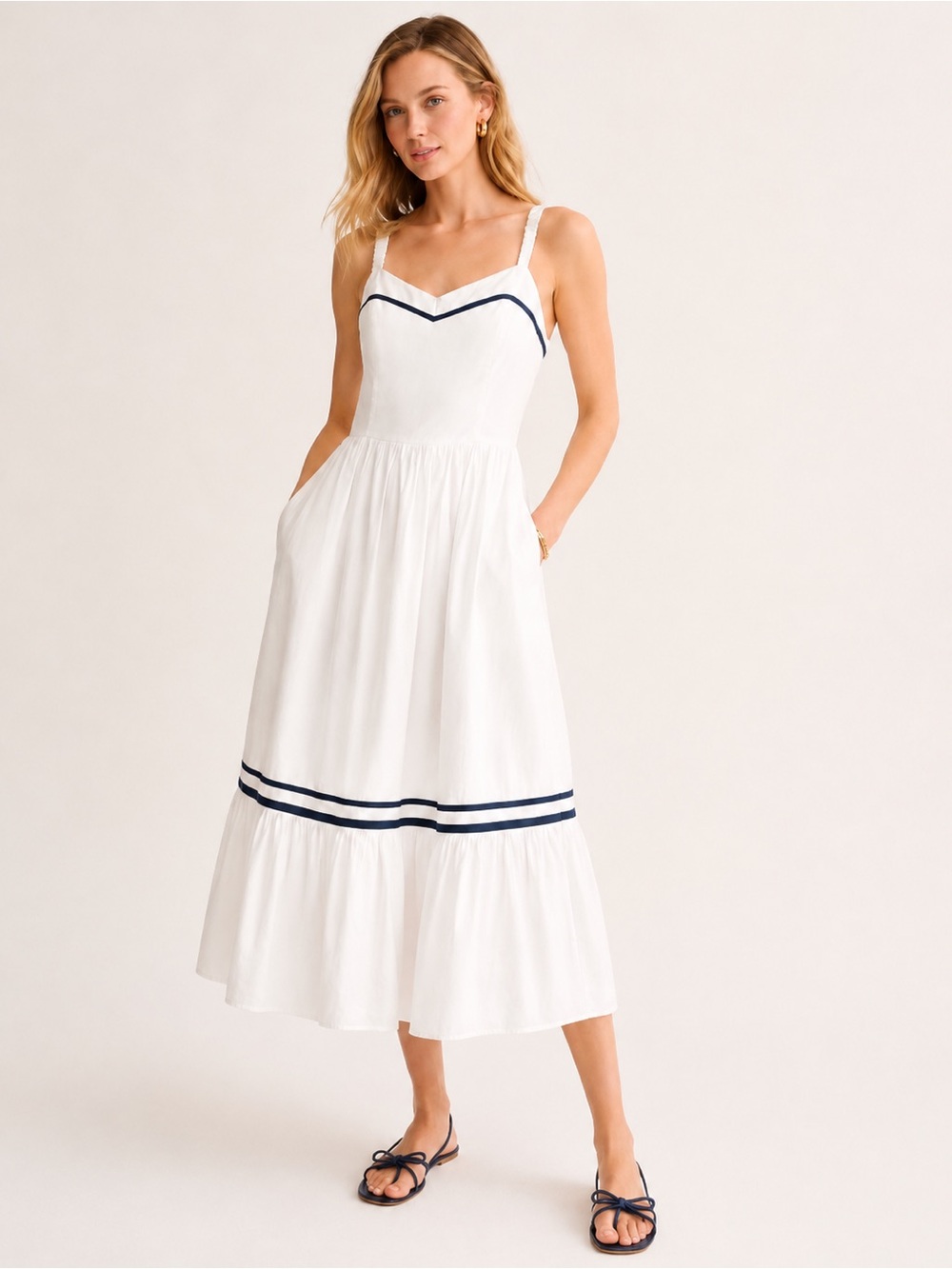 🌺I.Crew Corset Midi Dress with Navy Trim